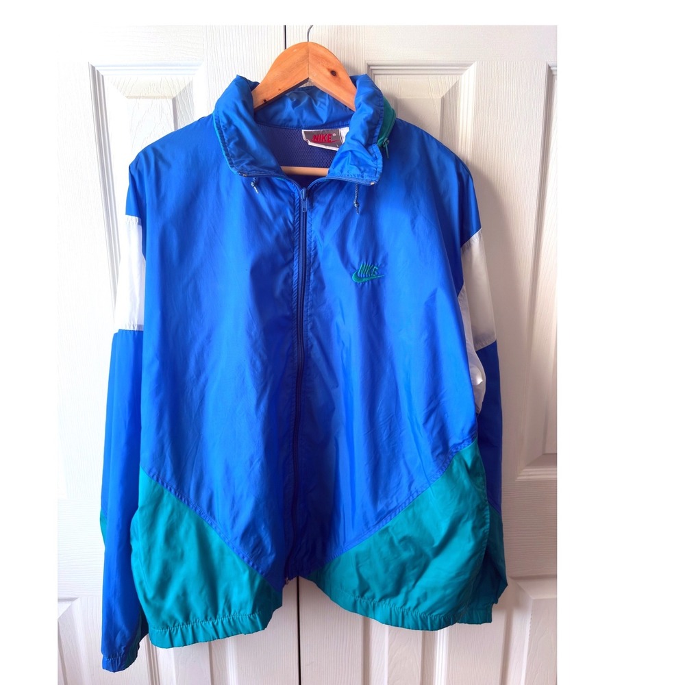 VINTAGE 1990's Nike Blue Teal White Colorblock Windbreaker Jacket L